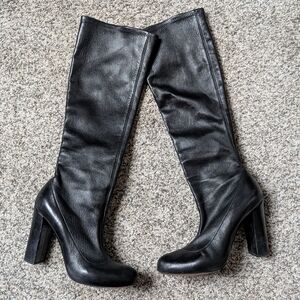 EUC Chloe Women's Knee Length Black Leather Boot 4" Heel, Made In Italy, Sz 7.5